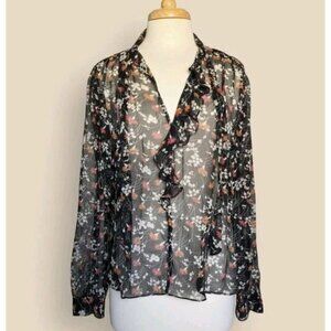 Joie Silk Floral Ruffle Blouse Tie Neck Sheer Black Pink Size M